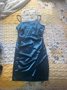 Satin Slip Dress in Teal with Spaghetti Straps